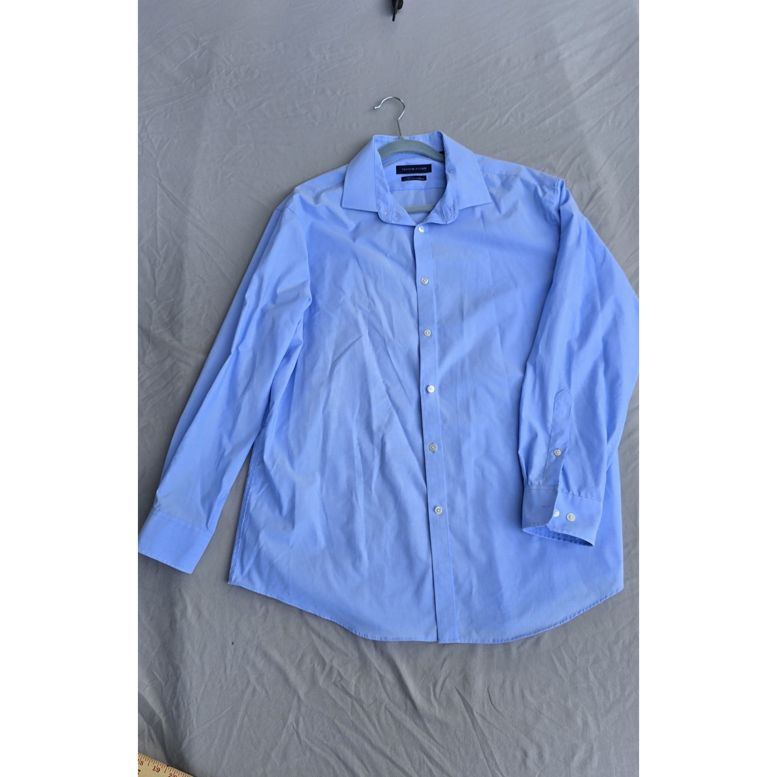 Tommy Hilfiger Shirt Mens 17.5 32/33 Blue Stripe Athletic Fit Stretch Dress